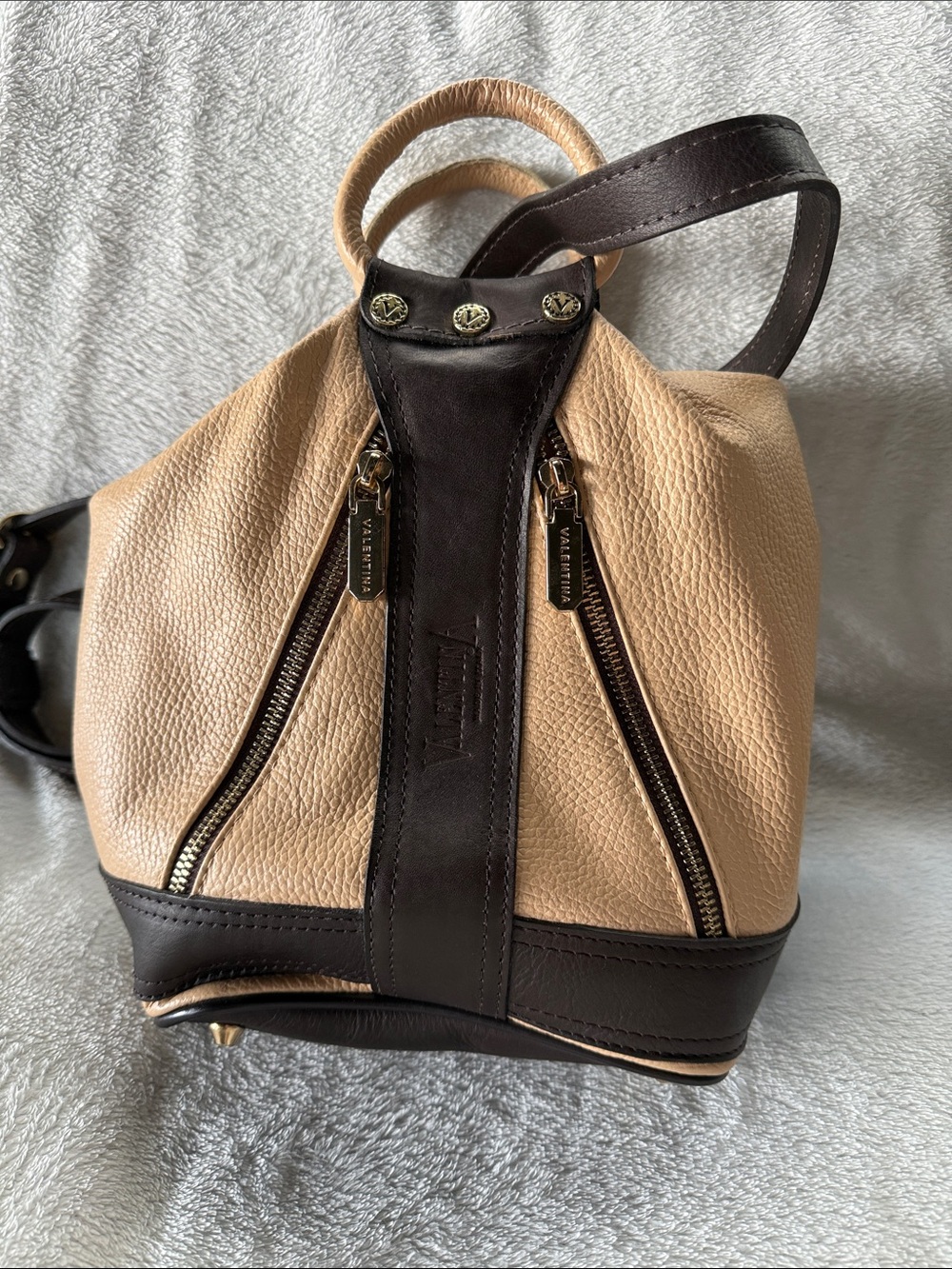 Valentina Beige and Dark Brown Leather Mini Backpack , made in Italy